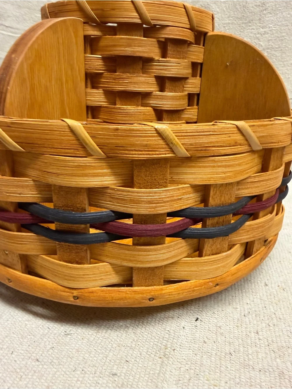 Handwoven Rotating Bamboo Organizer Basket with Navy & Burgundy Accents